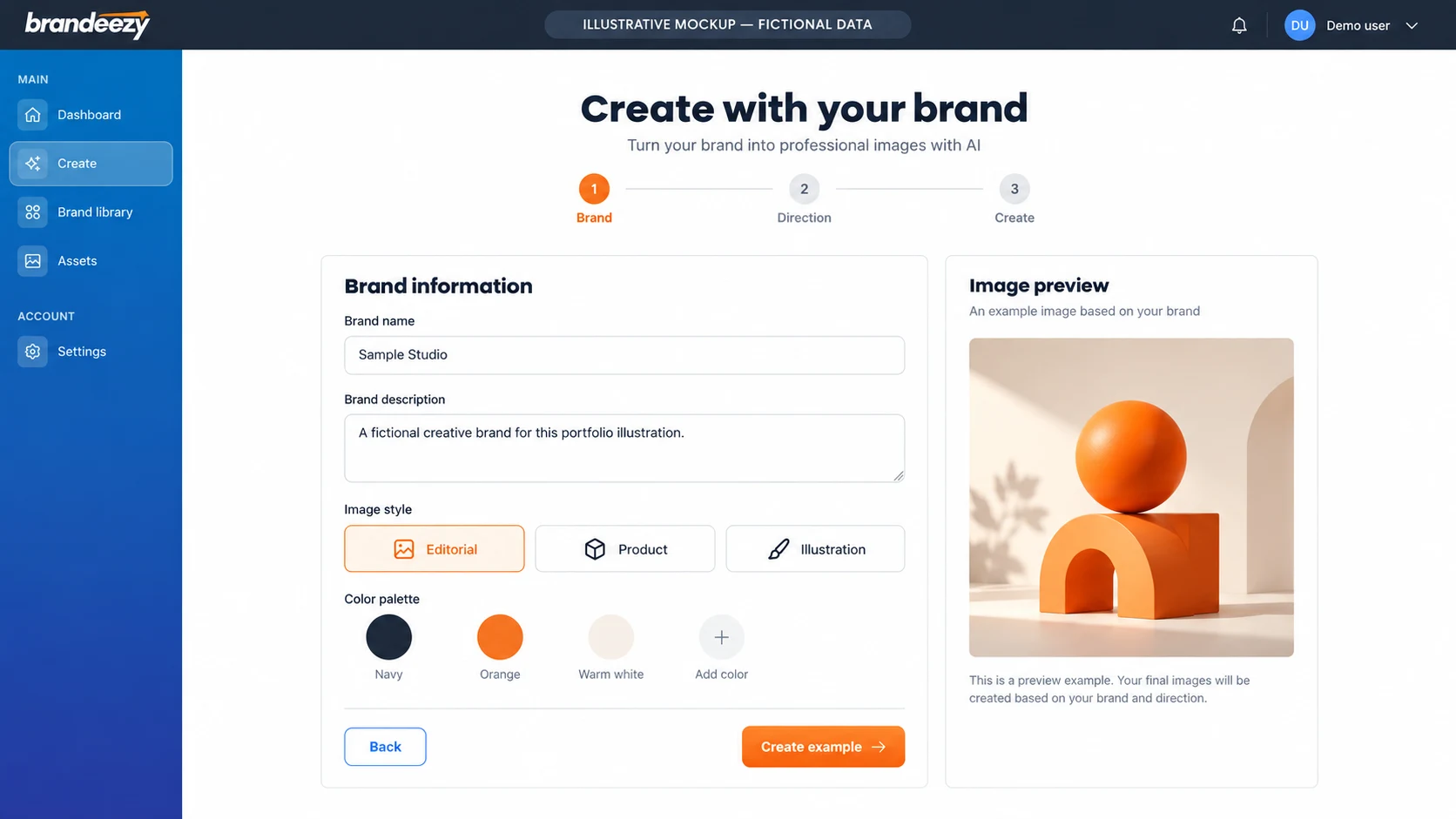 Illustrative Brandeezy creation workspace with fictional brand context and creative controls